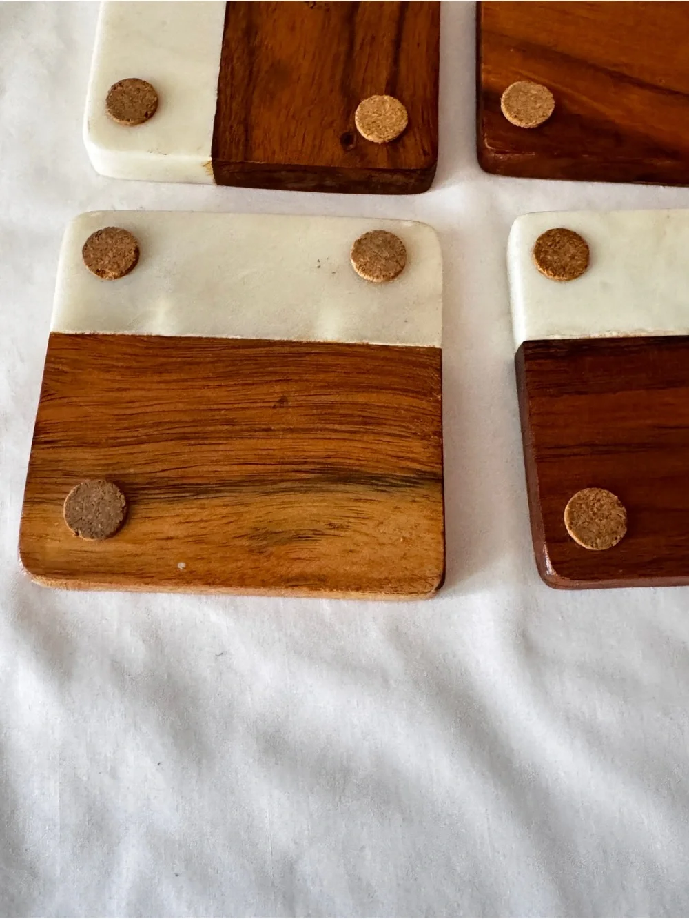Two-Tone Wood & White Marble Square Coasters - Set of 4